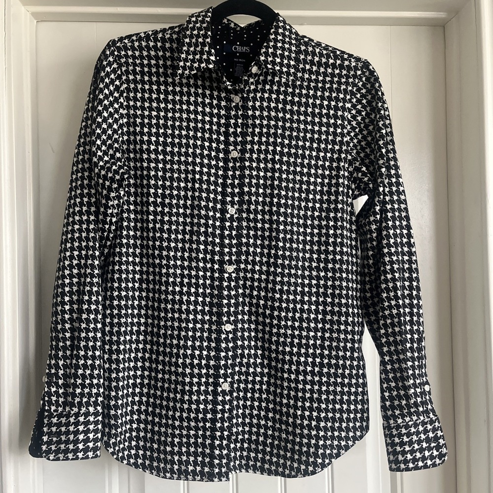 Chaps No-Iron Small Button Down Blouse Houndstooth Check Cotton Black White Top